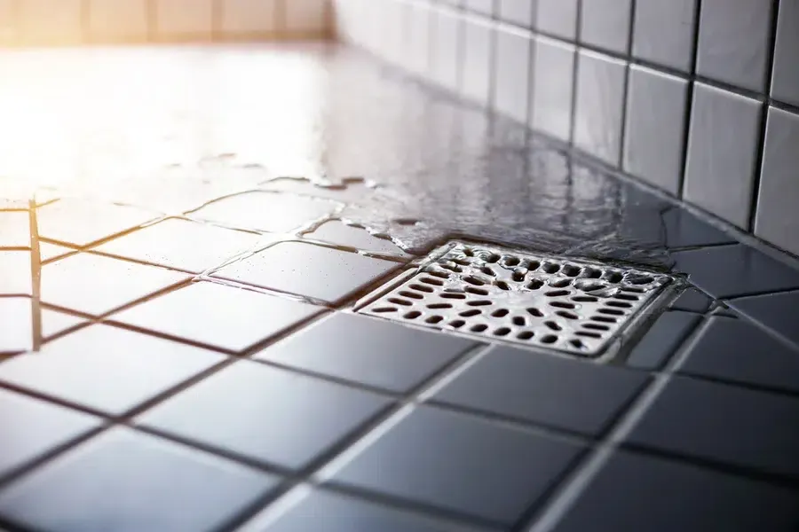 Water flowing to shower drain