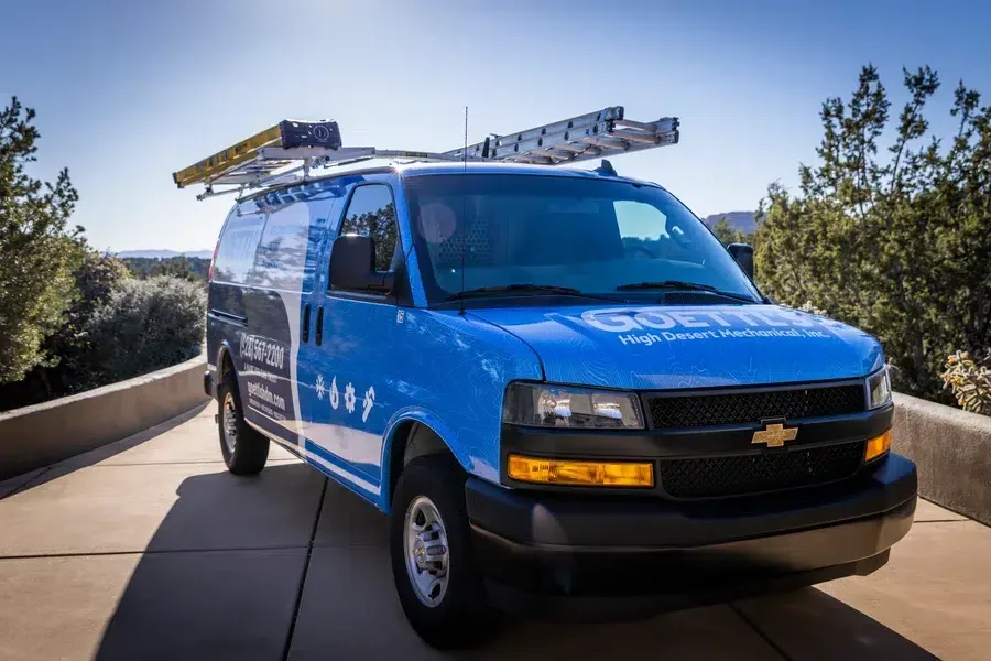 Goettl’s High Desert Mechanical Chevrolet service van parked in scenic desert area – Prescott Valley AZ