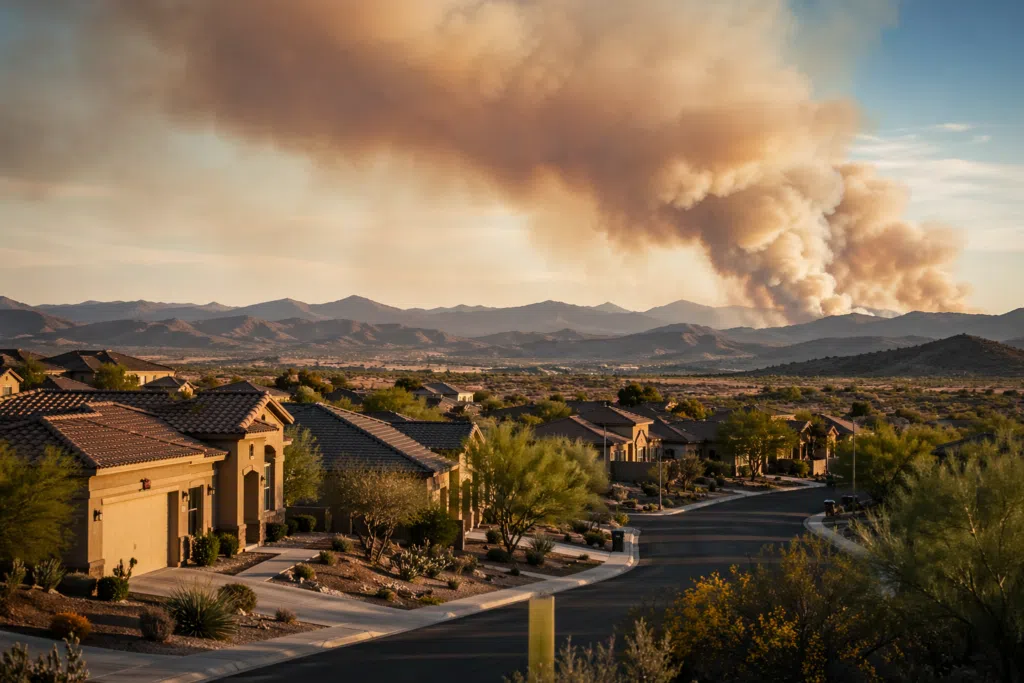 wildfire smoke over mountains with arizona neighborhood in foreground