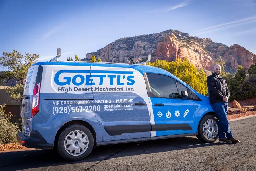 Goettl’s High Desert Mechanical service van parked along roadside with mountain backdrop – Prescott Valley AZ